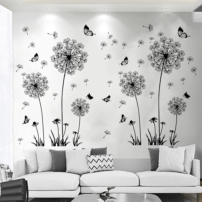 Arawat 2 Set Dandelion Wall Decals, Flower Stickers, Murals With Butterflies for Bedroom, Office, Bathroom, Living Room - Removable Floral Peel and Stick Art Decoration