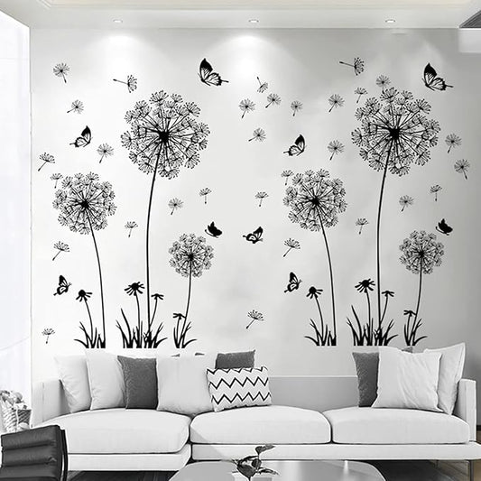 Arawat 2 Set Dandelion Wall Decals, Flower Stickers, Murals With Butterflies for Bedroom, Office, Bathroom, Living Room - Removable Floral Peel and Stick Art Decoration