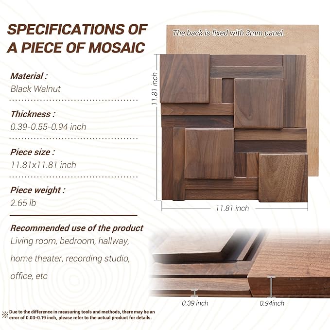 3D Black Walnut Solid Wood Wall Panel Decoration. Interior Wood Grain Decoration. Natural Wood Color. Textures for Interior Design.(1 Pack=11 Pics) Covers 10.66 Sq Ft.