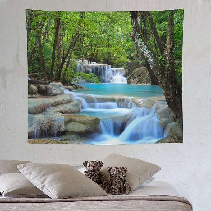 ZhiRain Waterfall Tree Tapestry Wall Hanging Natural Scenery Forest Garden Spring Stone River Tapestries Home Decor for Living Room Bedroom Apartment Farmhouse Dorm 50"x60"