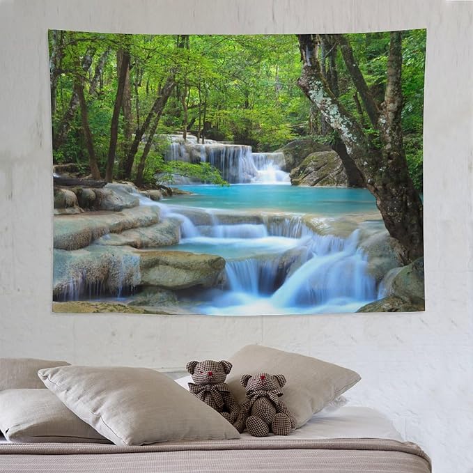 ZhiRain Waterfall Tree Tapestry Wall Hanging Natural Scenery Forest Garden Spring Stone River Tapestries Home Decor for Living Room Bedroom Apartment Farmhouse Dorm 60"x80"
