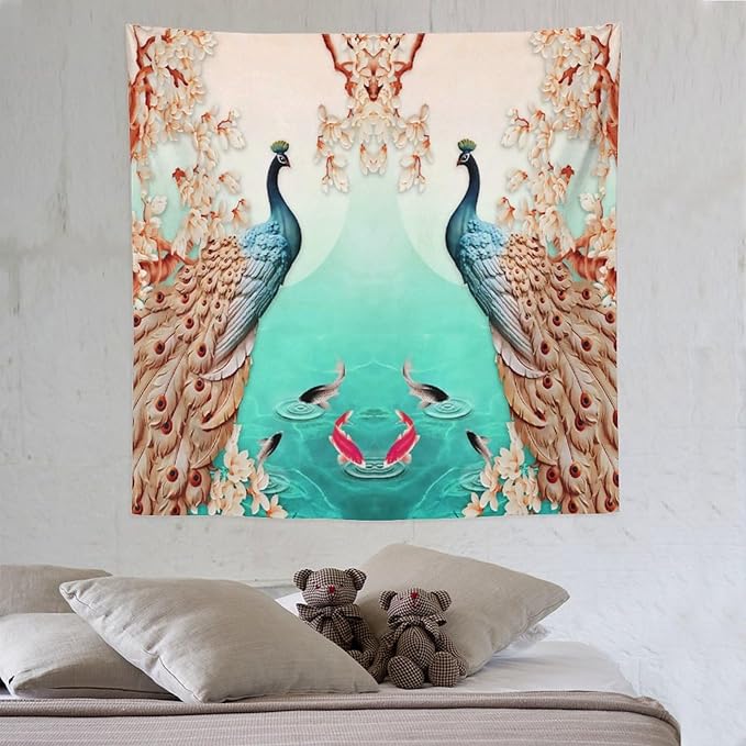 ZhiRain Peacock Tapestry Wall Hanging Retro Floral Elegant Vintage Feather Flower Theme Koi Fish Tapestries Home Decor for Living Room Bedroom Farmhouse Apartment Dorm 60"x60"
