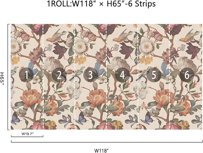 Zeeko Beige Floral Mural Peel and Stick Wallpaper Removable Vintage Wallpaper Large Art Decor for Bedroom Livingroom Home 118'' x 65''