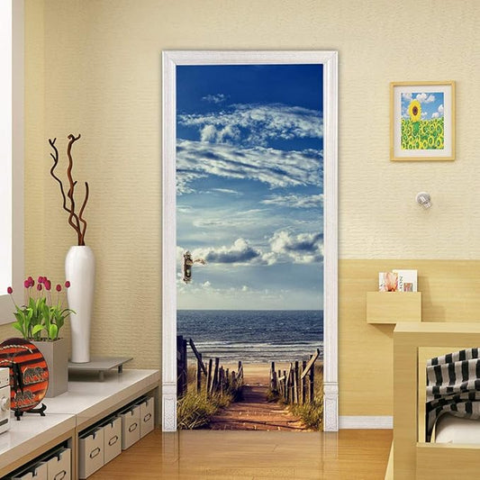 3D Self-Adhesive Door Poster - Road to The Beach - Premium PVC Waterproof Wallpaper Sticker for Bedroom Living Room Decoration 88 x 200