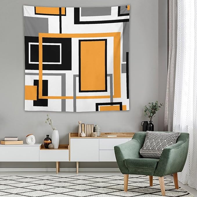 ZhiRain Modern Orange Tapestry Wall Hanging Geometric Gray Abstract Black And Grey Tapestries Home Decor for Living Room Bedroom Farmhouse Apartment Dorm 60"x60"