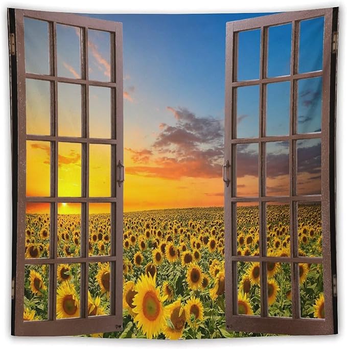 ZhiRain Sunflowers Scenery Tapestry Wall Hanging Through The Window Fields Sunset Landscape Tapestries Home Decor for Living Room Bedroom Apartment Farmhouse Dorm 60"x60"