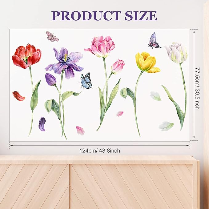 Zonon 6 Pcs Flowers Wall Decals Stickers Vinyl Removable Peel and Stick Colorful Dragonflies Floral Wall Murals Decor for Bedroom Living Room Nursery(Tulip)