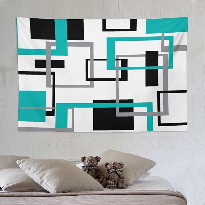 ZhiRain Teal Tapestry Wall Hanging Mid Century Modern Turquoise Abstract Aqua Black Grey Geometric White Backdrop Tapestries Home Decor for Living Room Bedroom Apartment Farmhouse 60"x90"