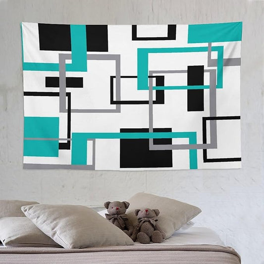 ZhiRain Teal Tapestry Wall Hanging Mid Century Modern Turquoise Abstract Aqua Black Grey Geometric White Backdrop Tapestries Home Decor for Living Room Bedroom Apartment Farmhouse 60"x90"