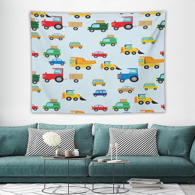 ZhiRain Cartoon Cars Print Tapestry Wall Hanging for Kids Room Cartoon Shovel And Trucks Blue Tapestries Home Decor for Living Room Bedroom Apartment Farmhouse Dorm 60"x80"