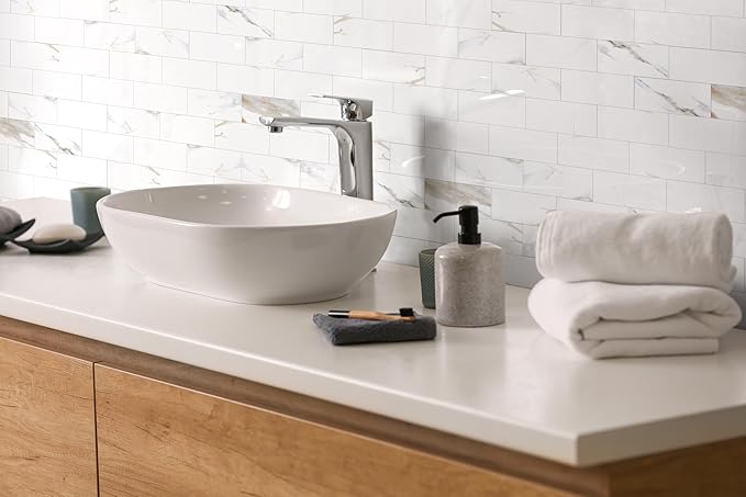 Yipscazo Peel and Stick backsplash 3 x 6 Inches 3D PVC Composite Wall Tile Stick on Backsplash Tile for Kitchen Bathroom, Laundry Room, Fireplace(Polished Marble, 160 Pieces)