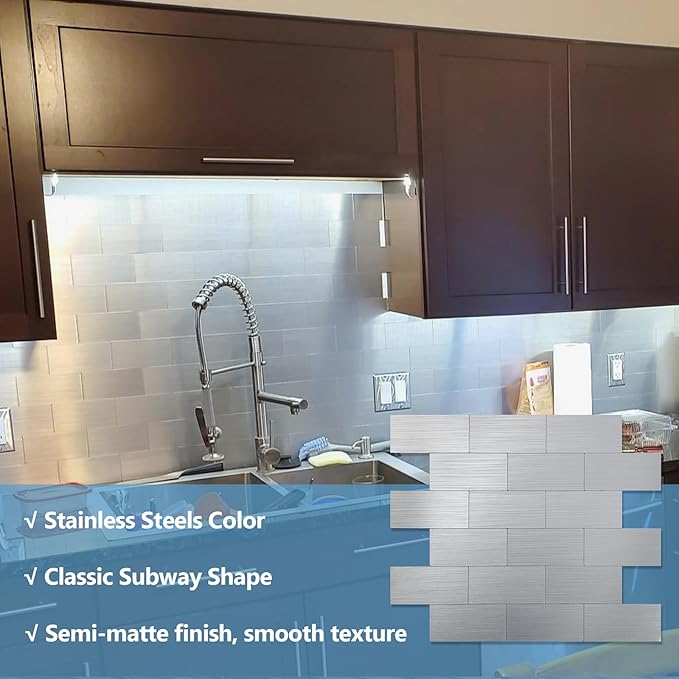 10-Pack Peel and Stick Tile Backsplash 12"X12" PVC Wall Tiles, Stick on Backsplash for Kitchen, Bathroom Tile, Fireplace Décor, Laundry Table, Stair Decals in Silver Metal