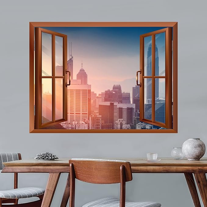 wall26 Cityscape Skyline in The Morning View from Inside a Window Removable Wall Sticker/Wall Mural - 24"x32"