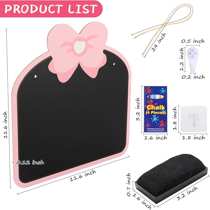 12‘’×12‘’ Wooden Double Sided Hanging Chalkboard Sign, Erasable Kids Chalkboard with Hanging String, 4 Chalks, 2 Hooks,1 Eraser, Message Blackboard Sign for Store Classroom Office Outdoor (Bowknot)