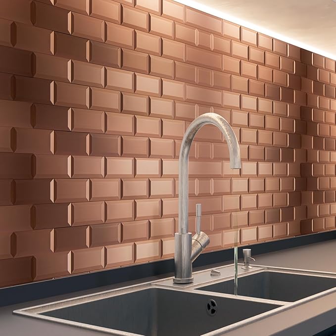 Art3d 100 Pcs Peel and Stick Backsplash Tiles, 3D Textured Metal Stick On Subway Wall Tiles for Kitchen Back Splashes, Bathroom, Laundry Room, 3 x 6 Inch, Copper