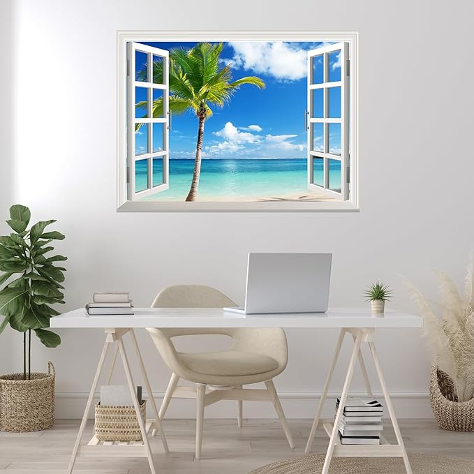 wall26 Grand Waterfall Green Mountain Open Window Mural Wall Sticker (24"x32", Tropical View)