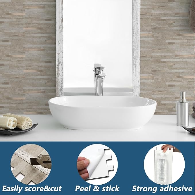 Yipscazo 20 Sheets PVC Wall Tiles Stick on Tiles for Backsplash Kitchen, Bathroom, Laundry Room, Camper, Fireplace (6'' X 12'', Rock)