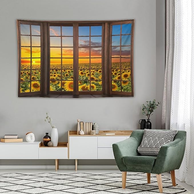 ZhiRain Sunflowers Landscape Tapestry Wall Hanging Through The Window Fields Sunset Scenery Tapestries Home Decor for Living Room Bedroom Apartment Farmhouse Dorm 60"x90"