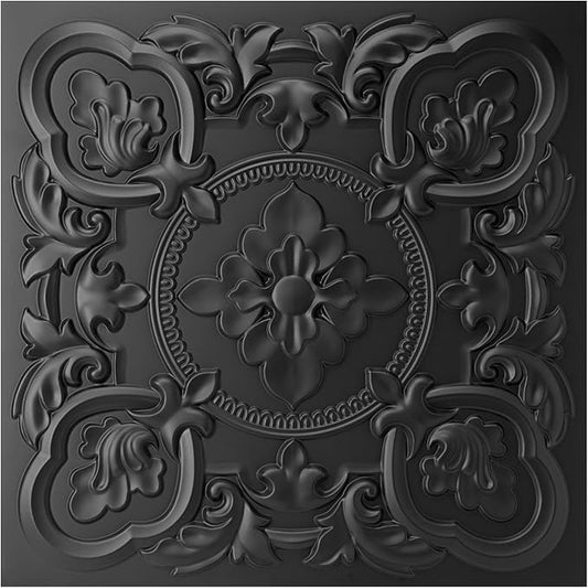Art3dwallpanels 12 Pack Drop Ceiling Tiles, 24 x 24 Inch High Grade PVC 3D Wall Panels Vintage Flower Pattern for Interior Wall Decor, Fire Rated, Waterproof, Black