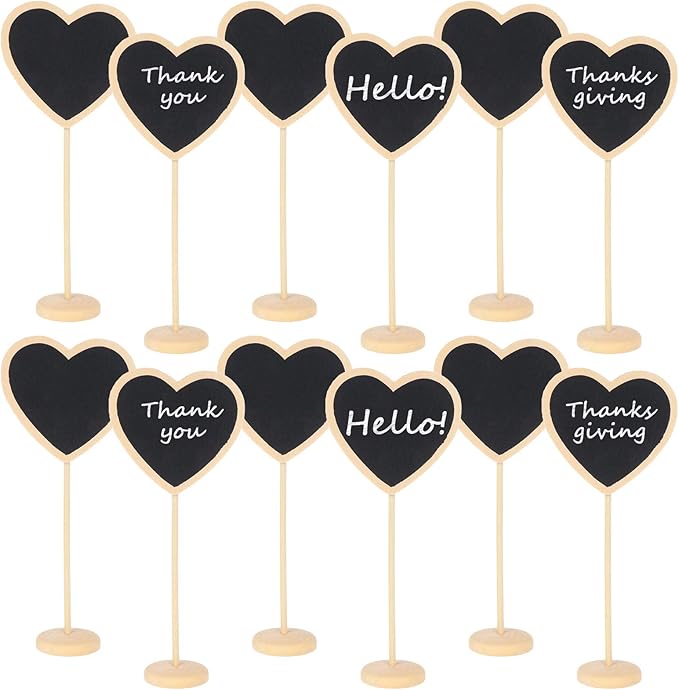 12Pcs Mini Heart Chalkboards Black Board with Stand for Message Board Signs Wood Small Chalkboard Signs for Wedding, Birthday Parties, Table Numbers, Food Signs and Special Event Decoration