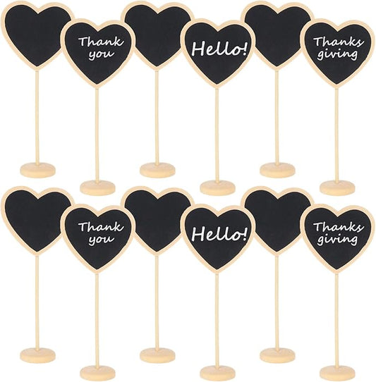 12Pcs Mini Heart Chalkboards Black Board with Stand for Message Board Signs Wood Small Chalkboard Signs for Wedding, Birthday Parties, Table Numbers, Food Signs and Special Event Decoration