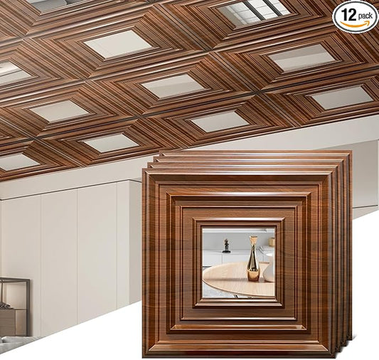12 Pack PVC Ceiling Tiles 19.7"x19.7" – Silver Mirror & Wood Grain 3D Wall Panels for Wall and Ceiling Decoration,Cover 32.3 Sq.Ft – Waterproof,Lightweigh(Dark Brown, Silver)