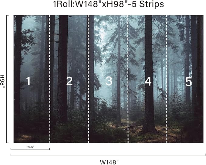 Zeeko Dark Foggy Forest Wall Mural Peel and Stick 148" Wx 98" H Misty Woodland Pine Tree Self Adhesive Removable Wallpaper Large Canvas Waterproof Landscape Mural for Bedroom