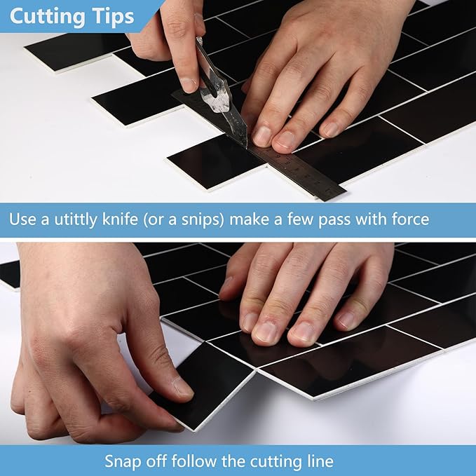 10-Pack Peel and Stick Tile Backsplash 12"X12" PVC Wall Tiles, Stick on Backsplash for Kitchen, Bathroom Tile, Fireplace Décor, Laundry Table, Stair Decals in Black