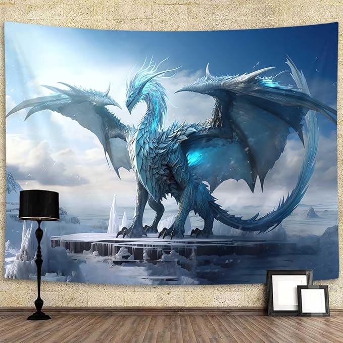 YDIDIAN Blue Dragon Wall Art, Medieval Fantasy Animal Tapestry, Winter Snow Regions Art Aesthetics for Home, College Dorm, Living Room - Panels 70 x 60IN