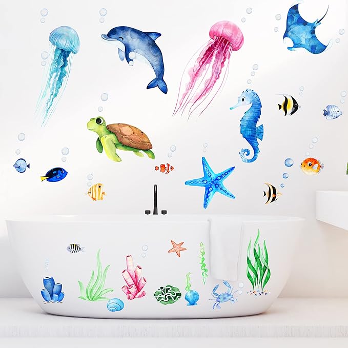 4 Sheets Ocean Fish Wall Decals Stickers Sea Wall Decal Stickers Removable Sea Life Marine Animal Sticker Underwater Ocean Creatures Decor for Kids Girls Boy Nursery Bedroom Bathroom