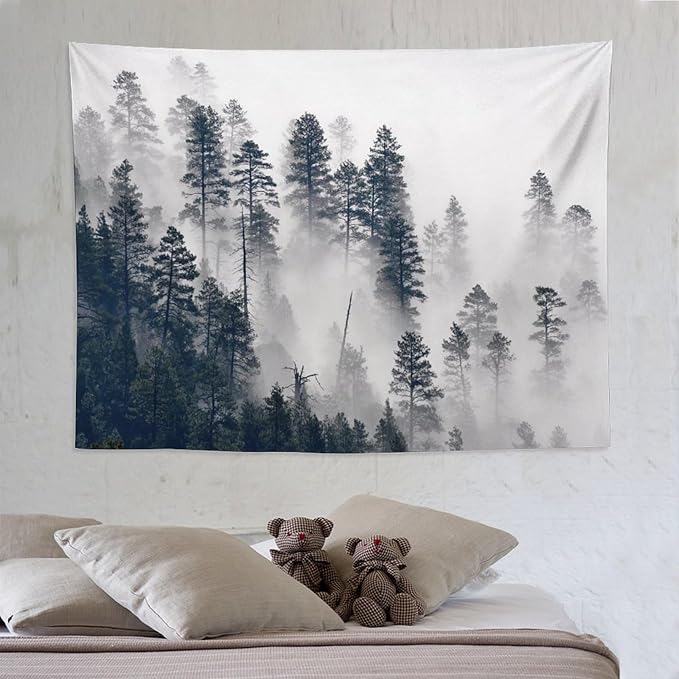 ZhiRain Misty Forest Landscape Tapestry Wall Hanging Wooden Window Forest Mountain Rustic Tapestries Home Decor for Living Room Bedroom Apartment Farmhouse Dorm 60"x80"