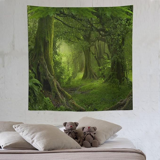 ZhiRain Misty Forest Tapestry Wall Hanging Green Tree in Jungle Forest Nature Scenery Woodland Tapestries Home Decor for Living Room Bedroom Farmhouse Apartment Dorm 60"x60"