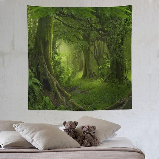 ZhiRain Misty Forest Tapestry Wall Hanging Green Tree in Jungle Forest Nature Scenery Woodland Backdrop Tapestries Home Decor for Living Room Bedroom Farmhouse Apartment Dorm 60"x60"