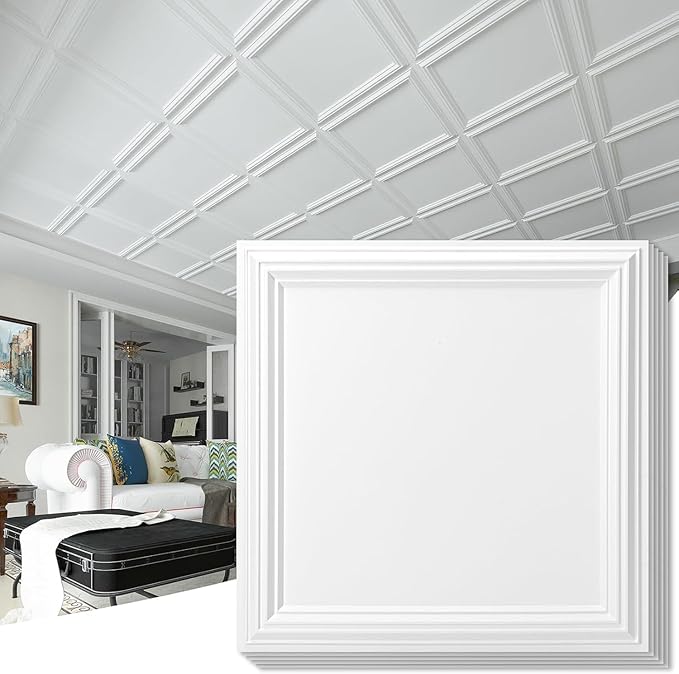Art3d 12-Pack Drop Relief Ceiling Tiles for Home, Office & Commercial Space, 24 x 24in PVC Waterproof 3D Wall Panels Cover 48 Sq. Ft, White