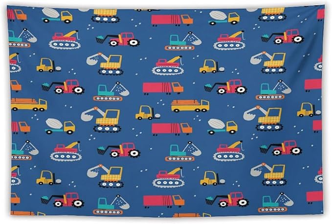 ZhiRain Cartoon Cars Print Tapestry Wall Hanging for Kids Room Cartoon Shovel And Trucks Blue Tapestries Home Decor for Living Room Bedroom Apartment Farmhouse Dorm 40"x60"