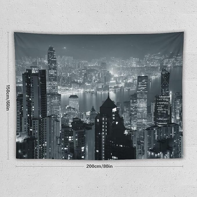 ZhiRain City Tapestry Wall Hanging Aerial Night View Hong Kong Skyline Modern Famous Urban Town Tapestries Home Decor for Living Room Bedroom Apartment Farmhouse Dorm 60"x80"