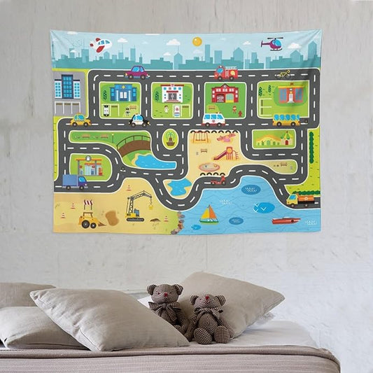 ZhiRain Kid Truck Tapestry Wall Hanging for Boys Construction Car Tractor Cartoon Cute City Street Map Traffic Tapestries Home Decor for Living Room Bedroom Apartment Farmhouse Dorm 30"x40"