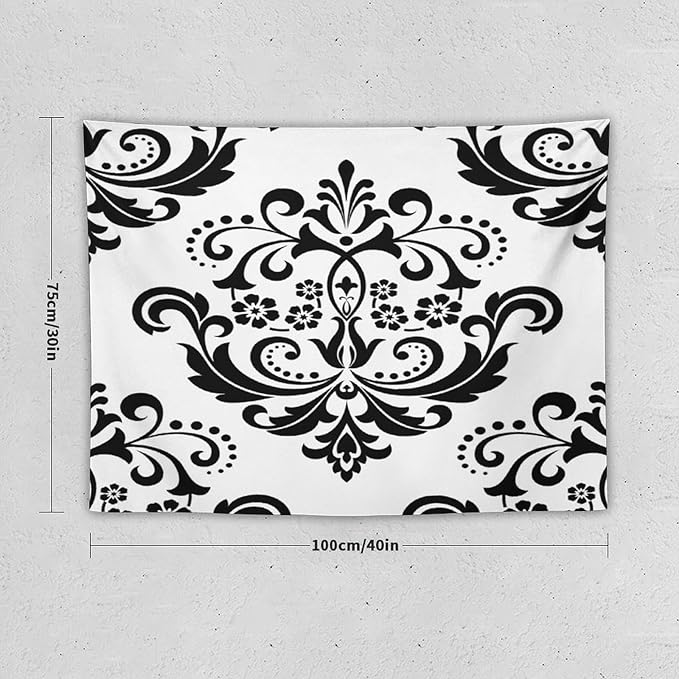 ZhiRain Baroque Damask Floral Pattern Tapestry Wall Hanging Flowers on Black And White Antique Gothic Tapestries Home Decor for Living Room Bedroom Farmhouse Apartment Dorm 30"x40"