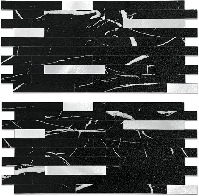 Yipscazo 40 Sheets Peel and Stick Stone Metal Backsplash Tiles, PVC Wall Tiles Stick on Backsplash for Kitchen, Bathroom (6'' X 12'', Black Rock)