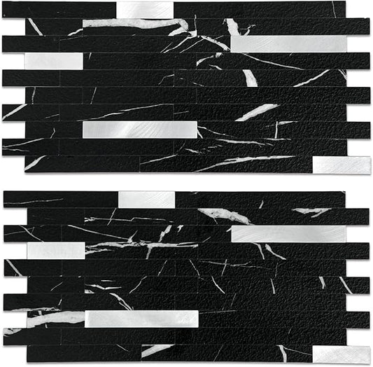 Yipscazo 10 Sheets Peel and Stick Stone Metal Backsplash Tiles, PVC Wall Tiles Stick on Backsplash for Kitchen, Bathroom (6'' X 12'', Black Rock)