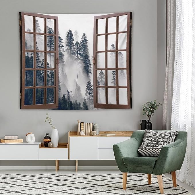 ZhiRain Misty Forest Landscape Tapestry Wall Hanging Wooden Window Forest Mountain Tree Scenery Tapestries Home Decor for Living Room Bedroom Apartment Farmhouse Dorm 50"x60"