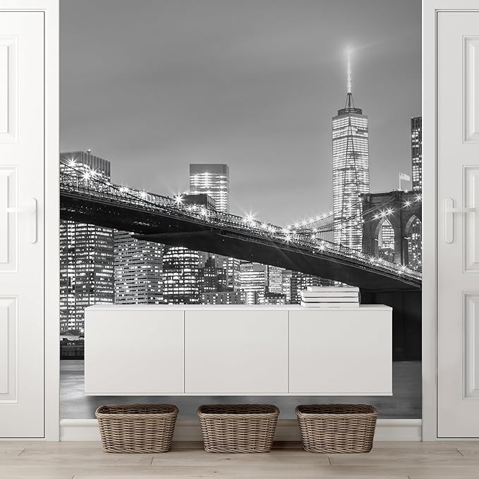 wall26 Brooklyn Bridge and New York City Manhattan Downtown Skyline at Dusk with Skyscrapers Removable Wall Mural Self-Adhesive Large Wallpaper - 96x96 inches