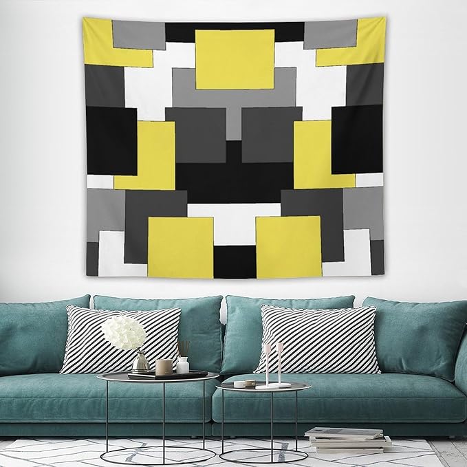 ZhiRain Yellow And Black Tapestry Wall Hanging Gray White Geometric Silver Dark Abstract Square Art Tapestries Home Decor for Living Room Bedroom Apartment Farmhouse Dorm 50"x60"