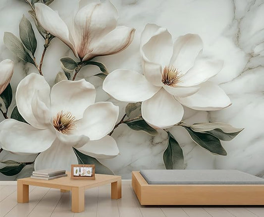 White Magnolia Flower Wall Mural, Vintage Floral Art Mural Wallpaper, Abstract Gray and White Marble Texture Large Wallpaper for Bedroom Living Room Wall Decor 59" W x 39.4" H