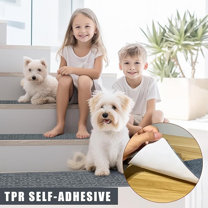 4Pcs Stair Treads for Wooden Steps Indoor with Self Adhesive, 8"x30" Non Slip Stair Runners-Peel & Stick Indoor Stair Carpet Runner, Resistant Indoor Runner for Kids、Elders and Pets,Dark Grey