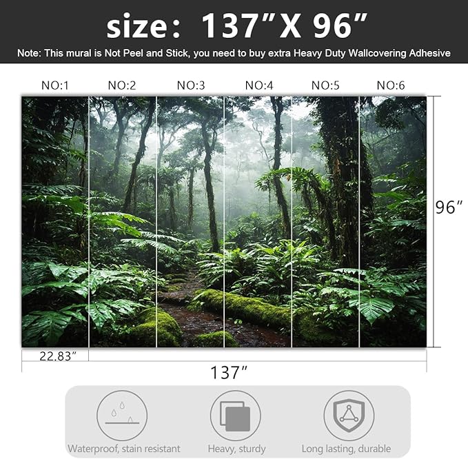 YIHWM -Tropical Rainforest Forest Backdrop Large Fabric Living Room Wallpaper Green Jungle Bedroom Bathroom Wall Mural- 137"x96"（ not Peel and Stick）