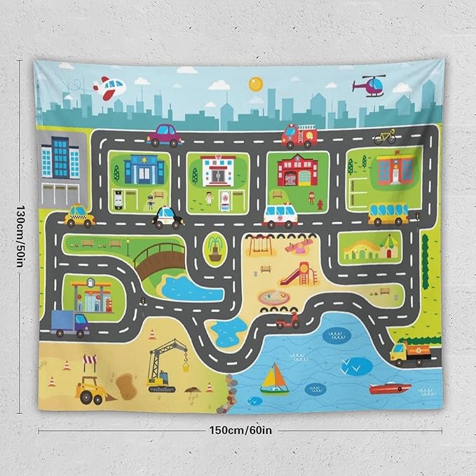 ZhiRain Kid Truck Tapestry Wall Hanging for Boys Construction Car Tractor Cartoon Cute City Street Map Traffic Tapestries Home Decor for Living Room Bedroom Apartment Farmhouse Dorm 50"x60"