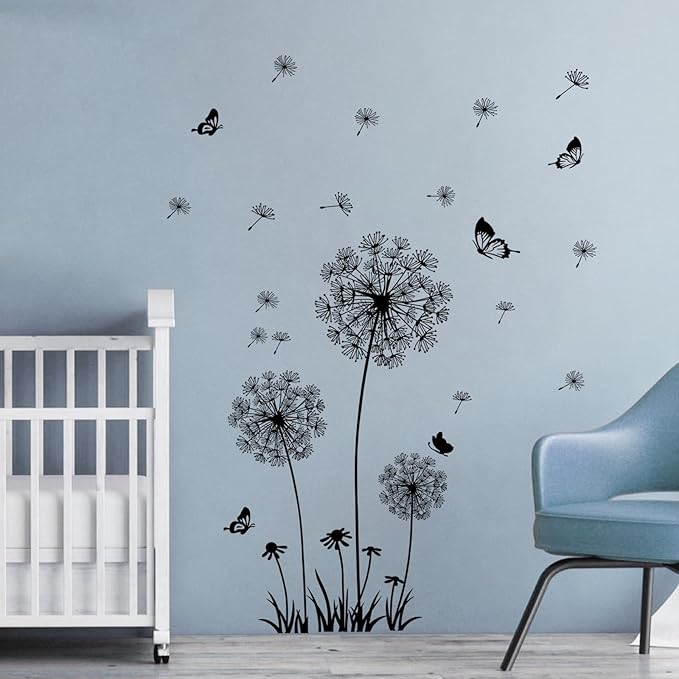 2 Sheets Dandelion Wildflower Wall Decals Art, Wall Art Stickers Peel and Stick Floral Butterflies Flying Decor for Girls Kids Women Baby Nursery Living Room Bedroom Bathroom Hallway Stairwell(Black)