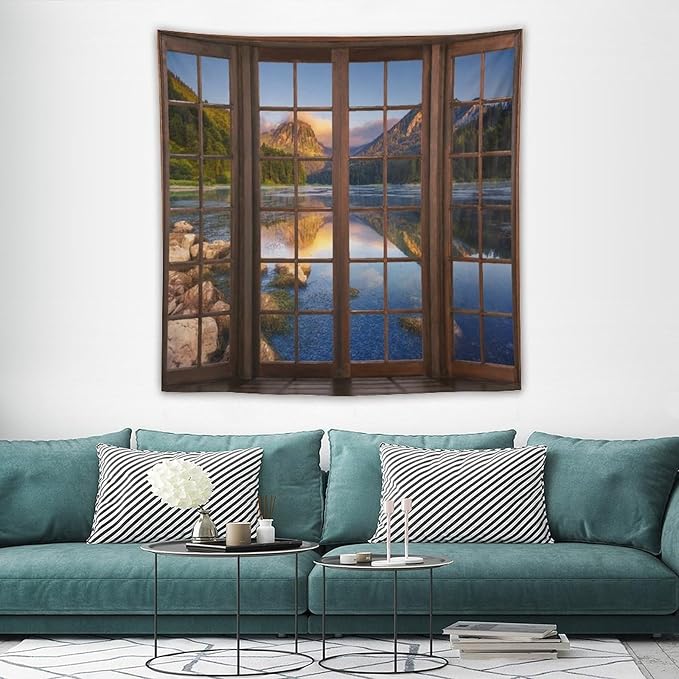 ZhiRain Mountain Scenery Tapestry Wall Hanging Through The Window Beautiful Lake Landscape Tapestries Home Decor for Living Room Bedroom Apartment Farmhouse Dorm 60"x60"