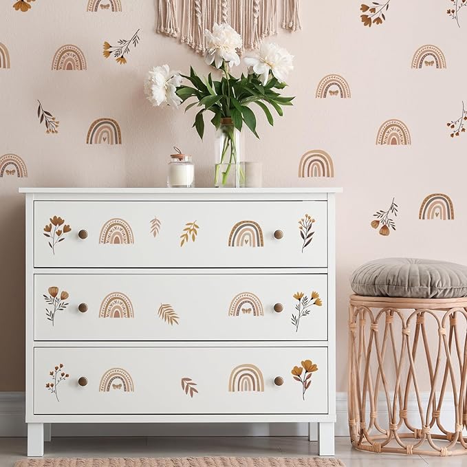 YouRfocus Boho Rainbow Floral Wall Decals for Nursery & Kids Room – Set of 48 Removable Peel and Stick Wall Stickers, Neutral Boho Home Decor (6 Sheets)